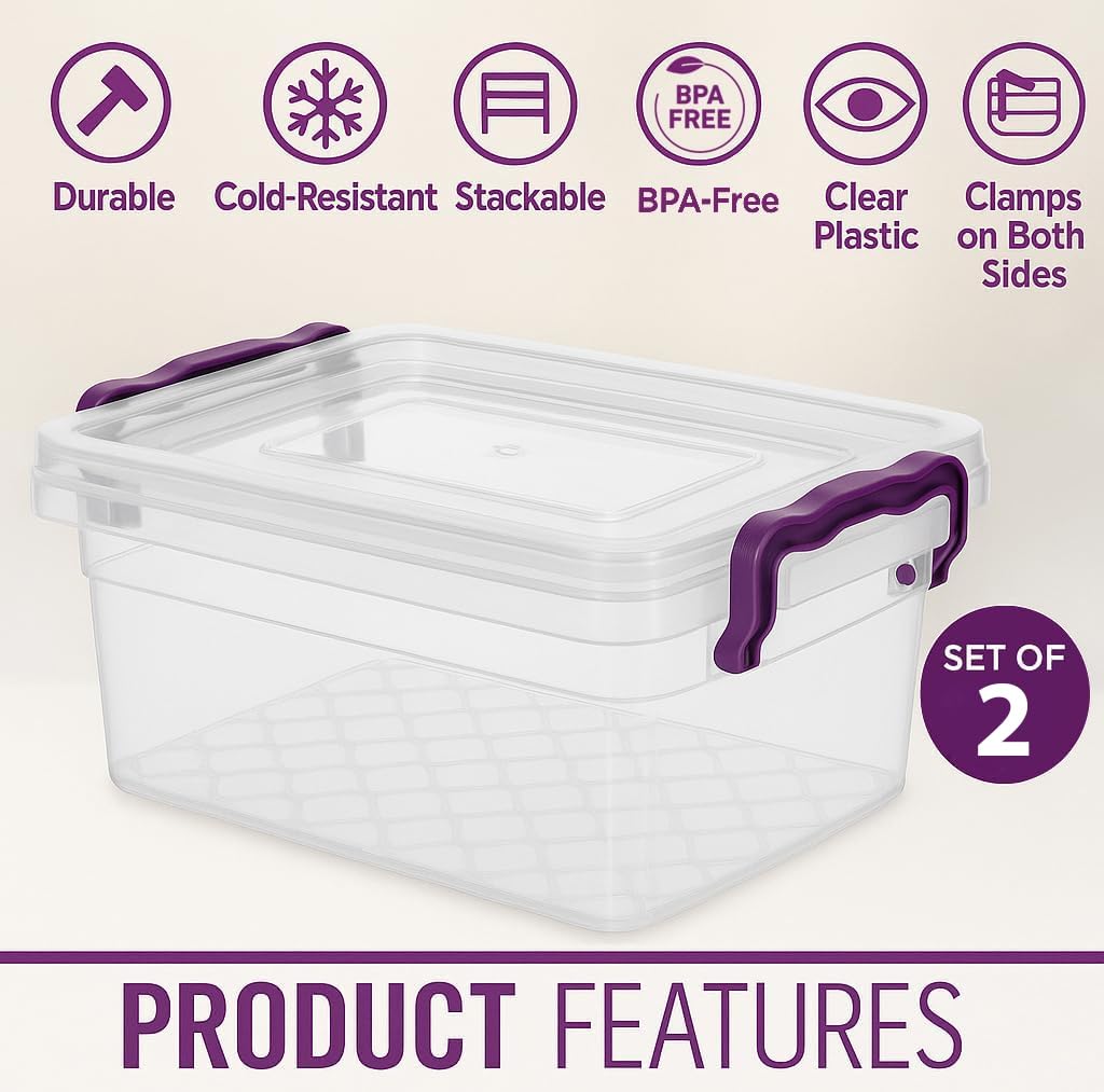 BH | 5L - Small Plastic Storage Box Bin with Lids - Pack of 2 | Stackable Clear Plastic Storage Container Use for Home, office, Kitchen
