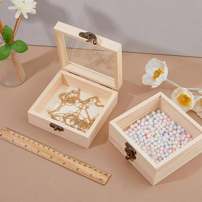 DICOSMETIC 2pcs Wooden Box with Glass Lid Small Wooden Box with Clear Lid Unfinished Wood Gift Boxes with Metal Clasp for Jewelry Storage Gift