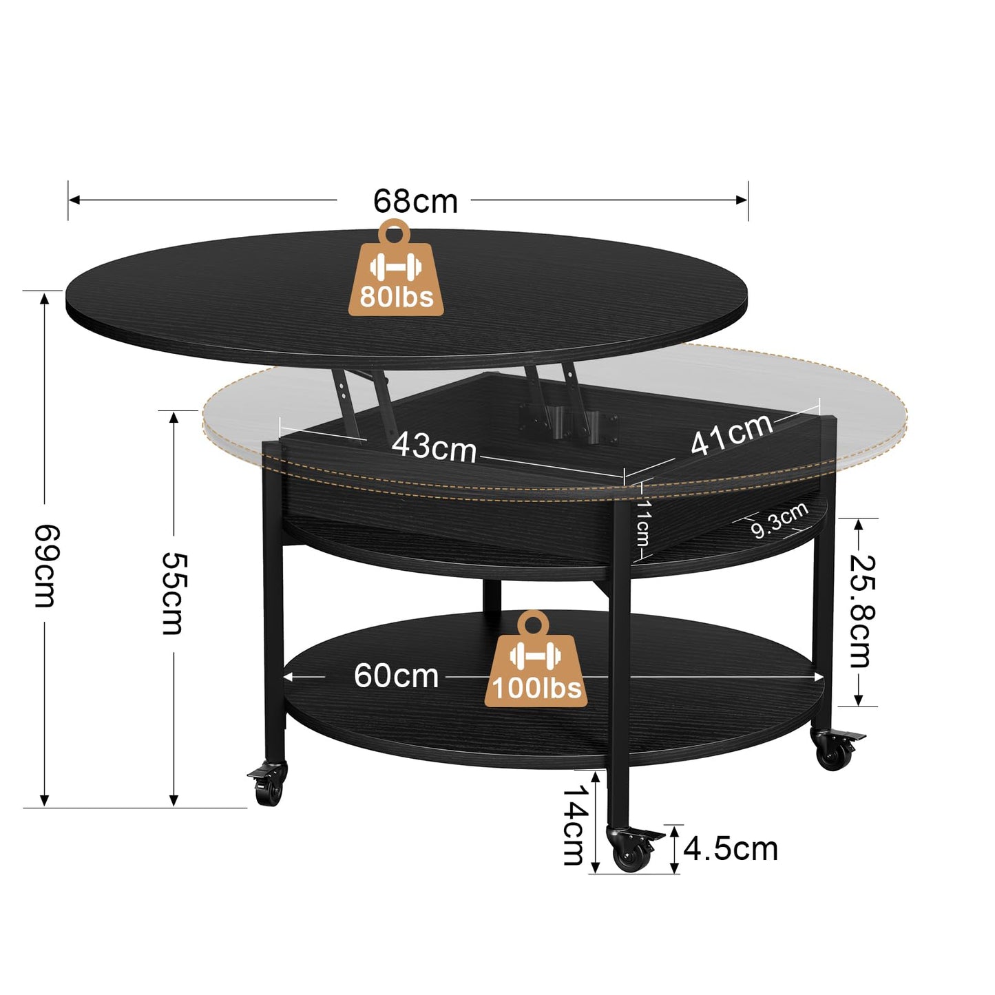 Mossora Round Lift Top Coffee Table with Wheels, Circle Center Table with Storage and Compartment, 68 cm Rolling Coffee Tables for Living Room
