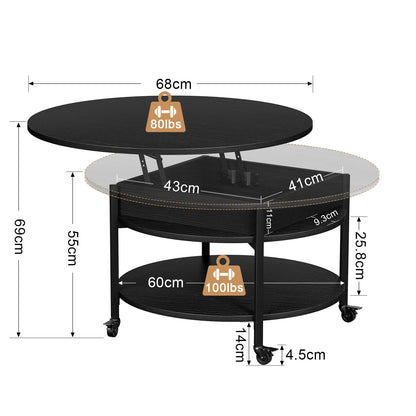 Mossora Round Lift Top Coffee Table with Wheels, Circle Center Table with Storage and Compartment, 68 cm Rolling Coffee Tables for Living Room
