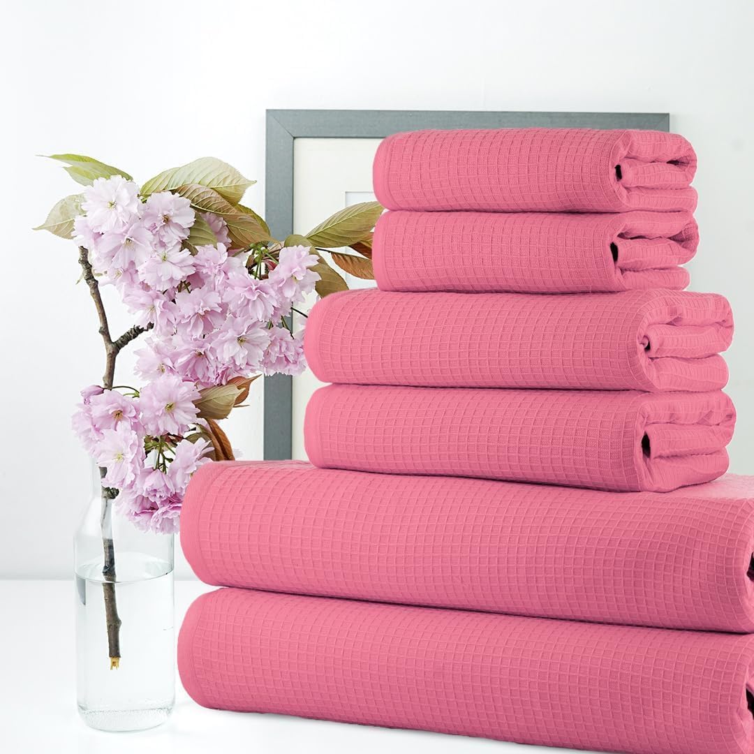 CASA COPENHAGEN Waffle Terry 6-piece set, cotton, extra large, luxurious, pink, 2 bath towels XL, 70 x 140 cm, 2 large hand towels, 50 x 80 cm