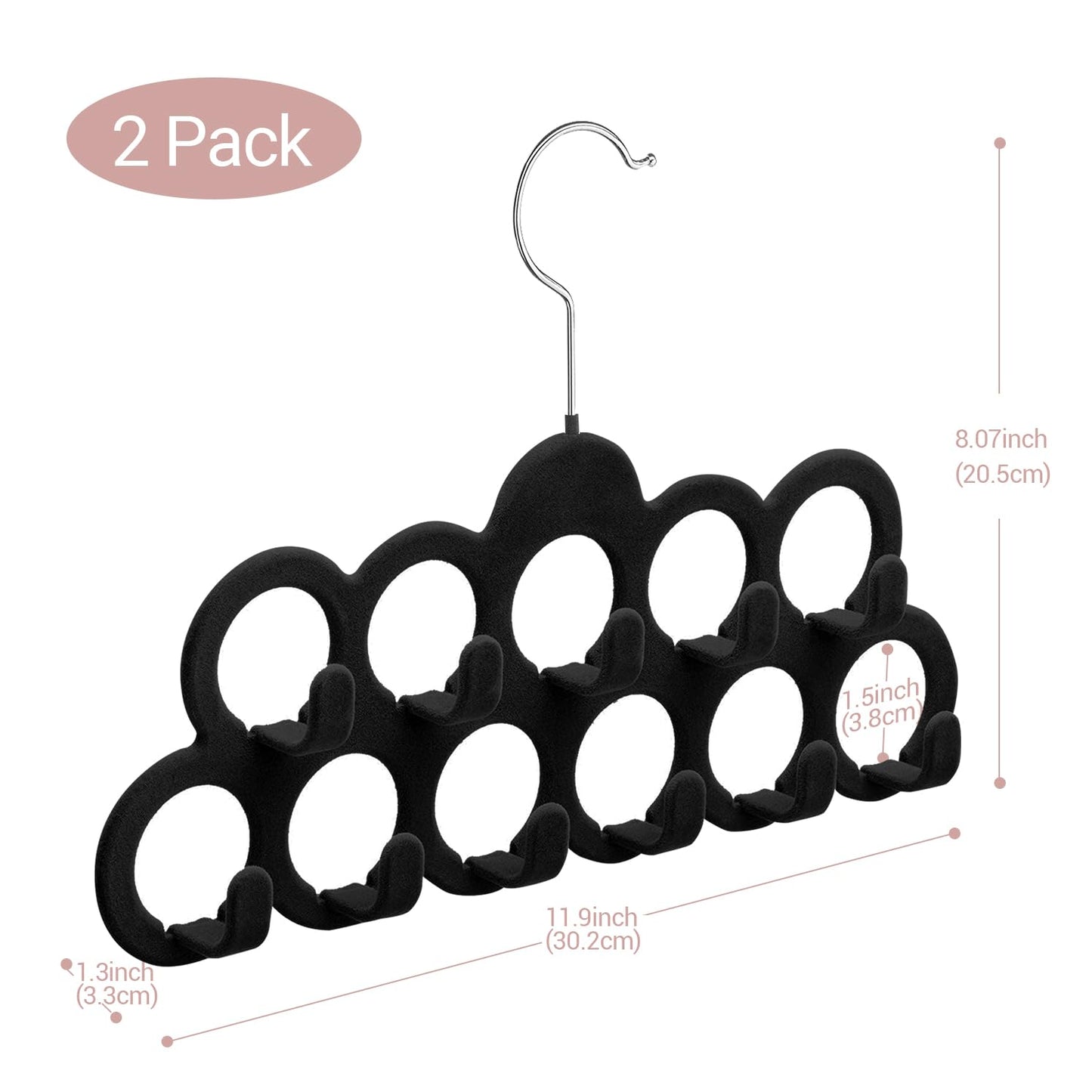 ManGotree Velvet Scarf Storage Hangers with 11 Loops and Hooks 2 Pack Black