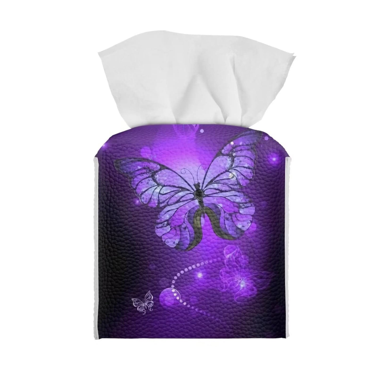 Poceacles Purple Butterfly Tissue Box Cover for Women, Tissue Case Organizer Cube Tissue Dispenser with Bottom Belt, Square Tissue Holder for Bathroom