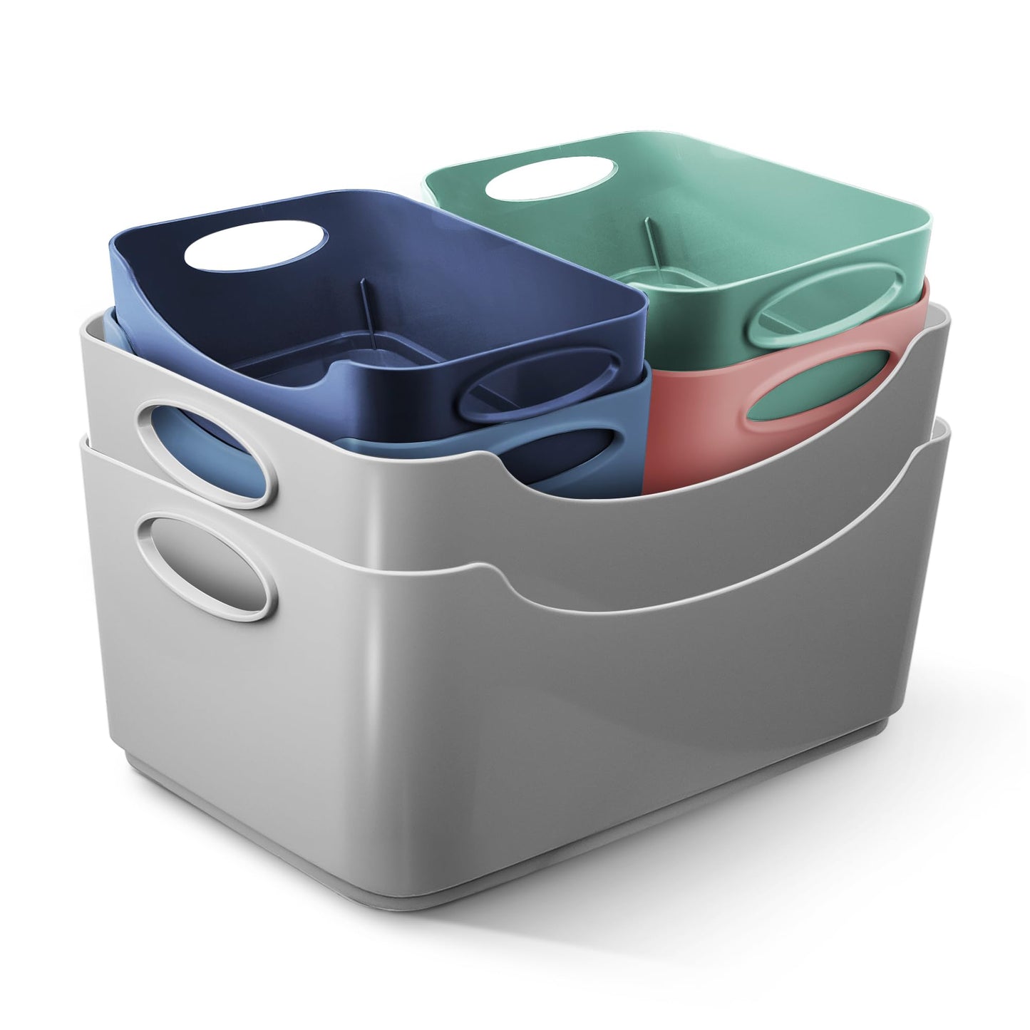 KEPLIN 6 Pack Plastic Storage Baskets with Handles, BPA-Free Dishwasher Safe Organiser Boxes for Kitchen, Bathroom, Pantry, Shelves & Drawers