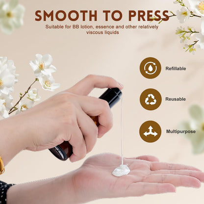 2Pcs 100ml/3.4oz Amber Glass Lotion Pump Bottles Travel Size Pump Dispenser Cosmetics Containers Bottle Jar with Black Pump for Essential Oil
