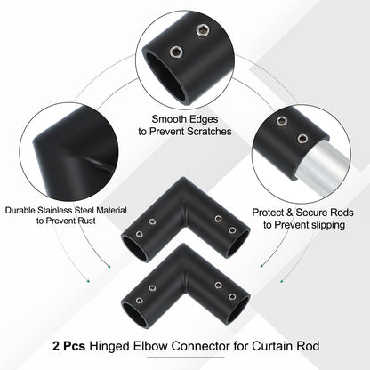 PATIKIL 2 Pcs 90° Black Stainless Steel Curtain Rod Corner Connector with Screwdriver for 3/4 Inch Bay/Corner Window, 2.28" x 2.28" (L*W)