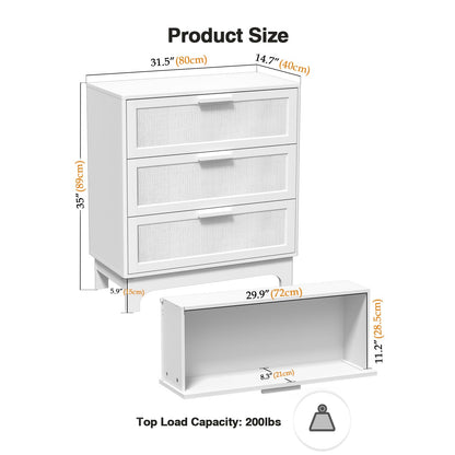 Skokliz White Chest of Drawers for Bedroom, Rattan 3 Drawer Storage Organiser Unit with Spacious Storage Cabinet, Nursery Furniture, Living Room