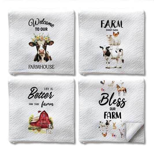 WADORN 4Pcs Farm Animals Hand Towels, Funny Farmhouse Rustic Cow Decorative Kitchen Dish Towels 24 x 16 Inch Microfiber Absorbent Soft Hand Tea
