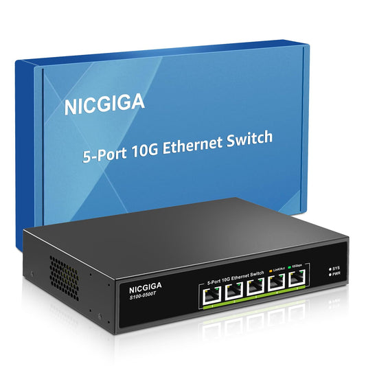 5 Port 10G Ethernet Switch Unmanaged,with 5X 10Gb Base-T RJ45 Ports, NICGIGA 10Gbps Network Switch Easy for 10G NAS,PC,WiFi7 Router,10G Adapter/NIC.