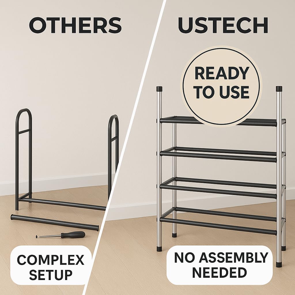 USTECH 4 Tier Adjustable Metal Shoe Rack Storage Organizer | Portable, Large, Free Standing Closet Shelf for Bedroom and Entryway for Kids and Adults