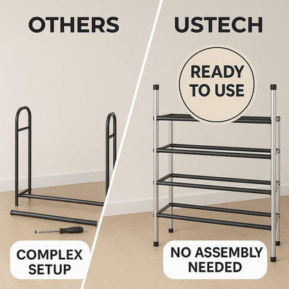 USTECH 4 Tier Adjustable Metal Shoe Rack Storage Organizer | Portable, Large, Free Standing Closet Shelf for Bedroom and Entryway for Kids and Adults