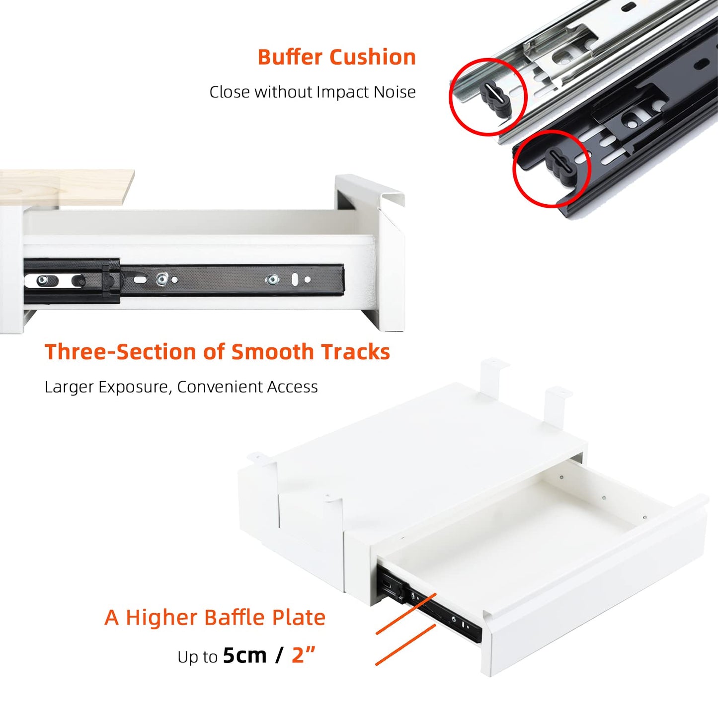 OSteed Large Under Desk Metal Drawer 45cm, Office Under Shelf Drawer, White