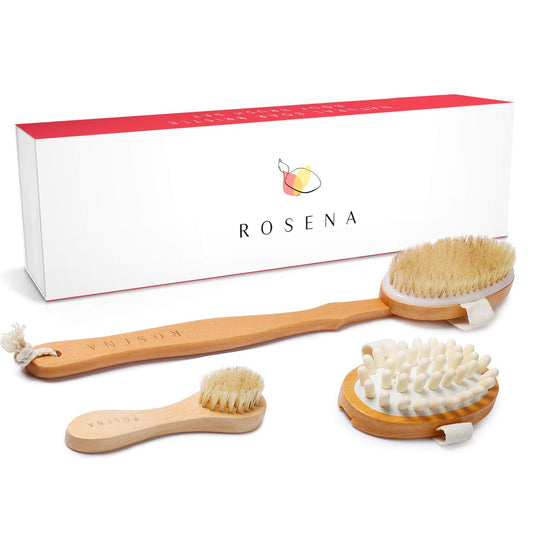 Dry Brushing Body Brush Set ? Natural Bristle Spa Exfoliator Kit with Face Cleansing Brush, Long Dry Brushing Body Brush for Lymphatic Drainage &