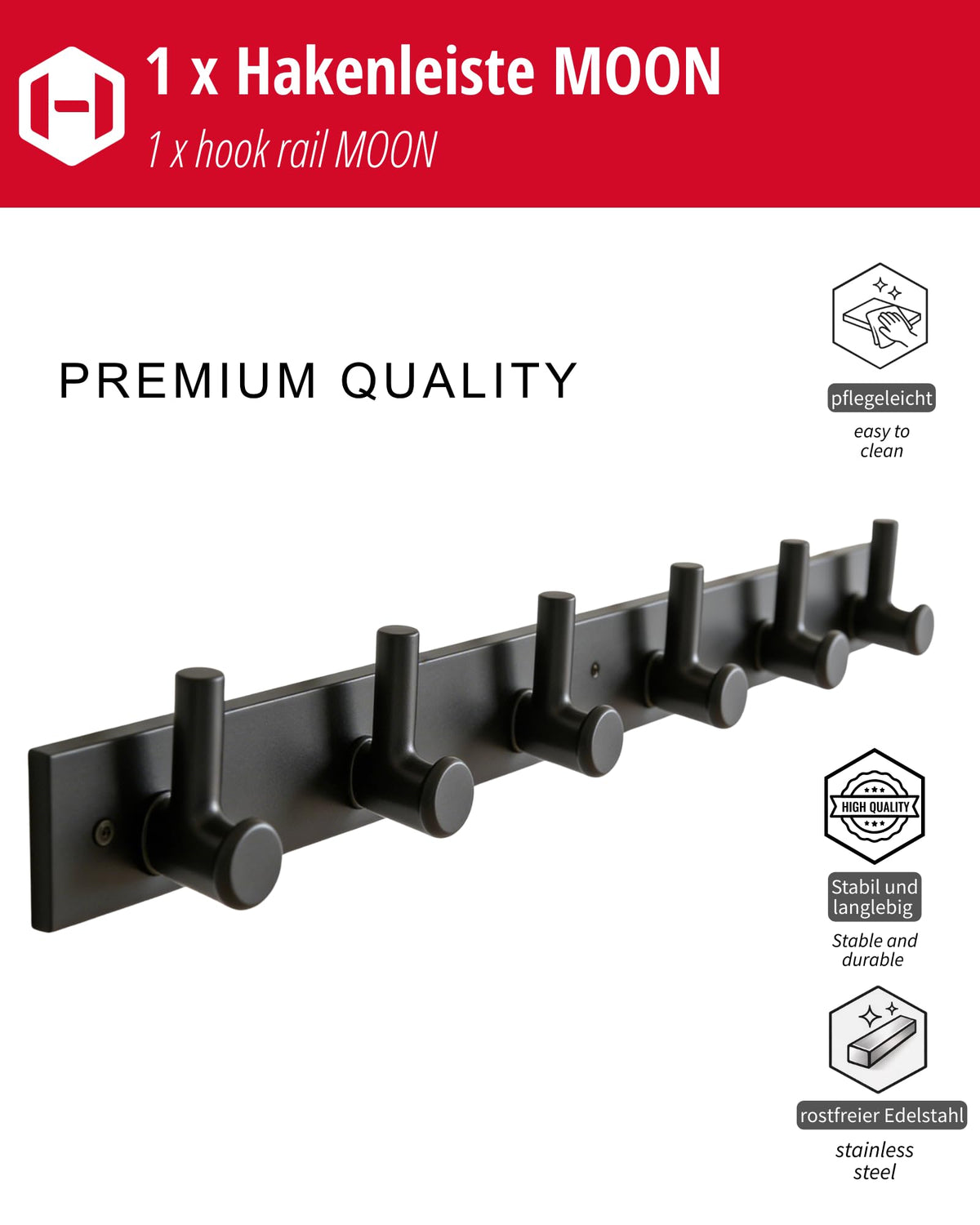 Gedotec Coat Hooks Black matt [6 Hooks] Coat Rail Hallway, Kitchen & Bathroom I Wall Coat Rack Moon I Hook Rail Black for screwing I Design Coat Rack