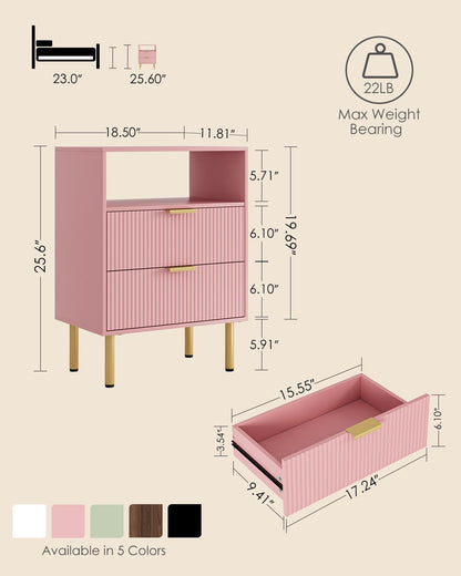 Apetaccat Bedside Table with 2 Drawers, Modern Bedside Cabniet with Metal Legs, Fluted Nightstand, Side Table for Bedroom, Living Room, Office, Pink