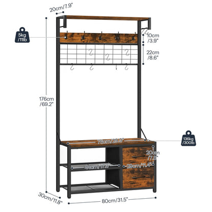 HOOBRO Coat Rack with Shoe Storage Bench, Coat Stand with Hooks and 2 Drawers, 4-in-1 Design, Coat and Shoe Rack, for Hallway, Entryway, Living Room