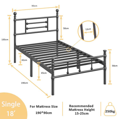 APEXTELLA HOME 3ft Single Metal Bed Frame with Headboard Footboard Black Heavy Duty Steel Bed Strong Metal Slats Max Weight 250kg