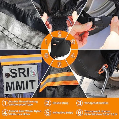 Motorcycle Cover Heavy Duty, 420D Universal Motorbike Covers, Sun,Waterproof Outdoor Protection,with License Plate Window, 4 Reflective Strips, Lock-Holes Storage Bag(L 86" x 37" x 43")