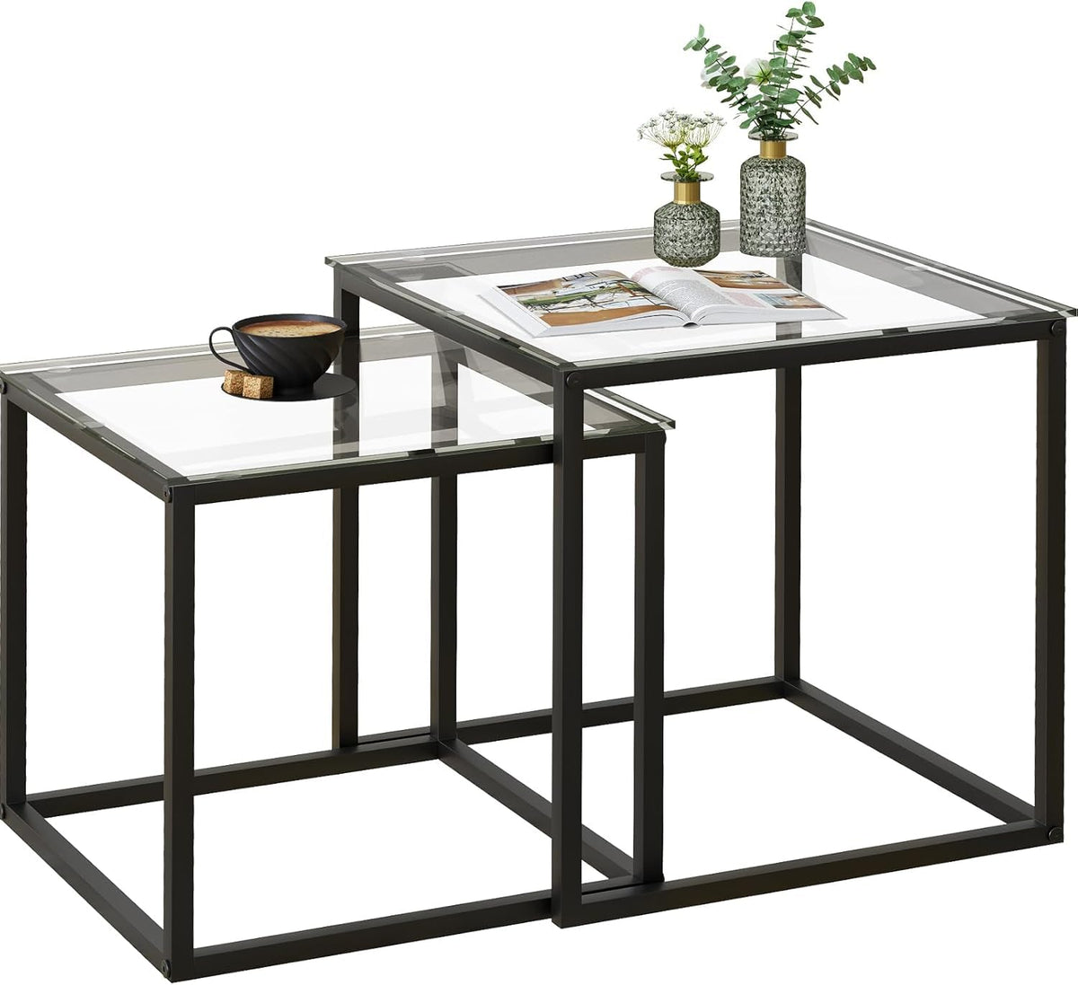 Huhote Nesting Tables, Set of 2 End Table, Coffee Tables, Glass Side Table