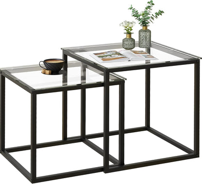Huhote Nesting Tables, Set of 2 End Table, Coffee Tables, Glass Side Table