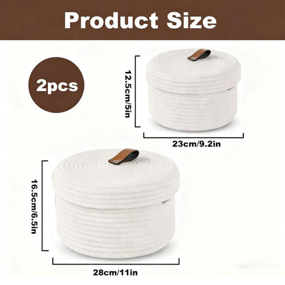 Set of 2 Storage Basket with Lid, Round Cotton Rope Decorative Basket with Leather Handles, Multifunctional Woven Baskets for Shelves, Bedroom