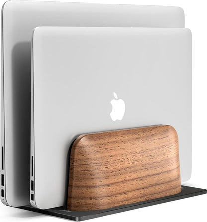 SHUOSUO Vertical Laptop Stand, Dual Slot Walnut Wood Laptop Holder for Desk, Natural Wooden & Aluminium Width Adjustable Dock for MacBook and Other