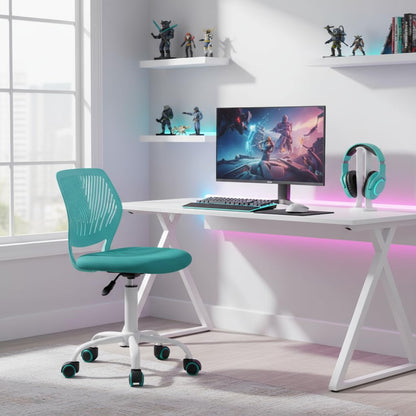 FurnitureR Compact Gaming Chair, PP Hollow Backrest, Adjustable Height, Ergonomic Swivel Foam Seat, 5 Castors Iron Base, for Reading, Drawing, Gaming