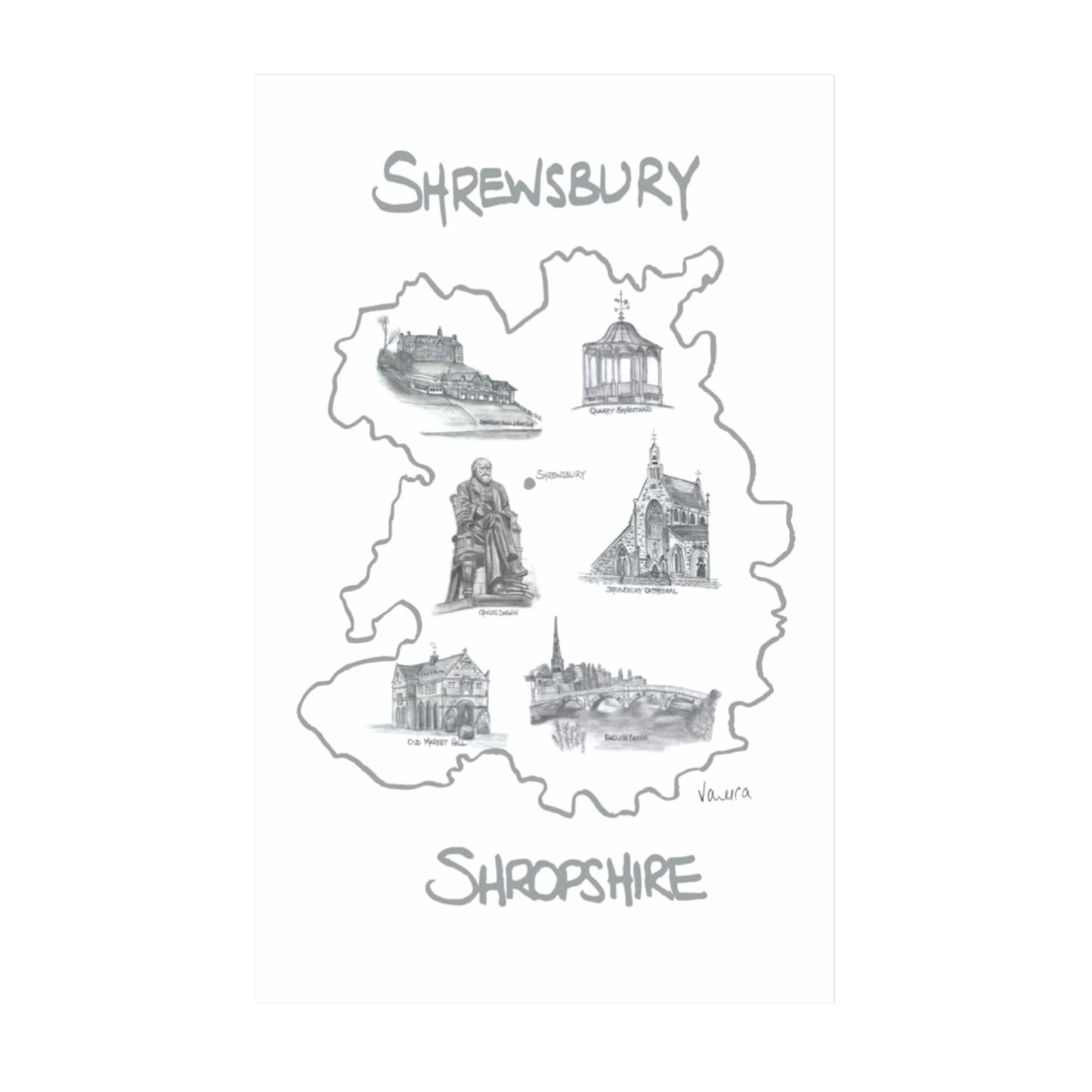 ROCK THE HOME Shrewsbury Tea Towel ? White, Absorbent Thick Half Panama Cotton Fabric, Ethically Sourced, Washable, Printed in the UK, Water-Based