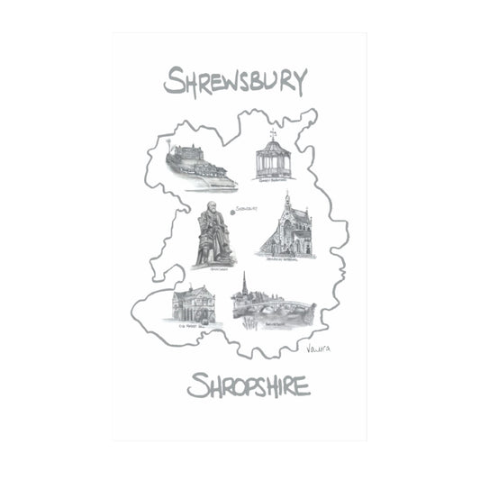 ROCK THE HOME Shrewsbury Tea Towel ? White, Absorbent Thick Half Panama Cotton Fabric, Ethically Sourced, Washable, Printed in the UK, Water-Based