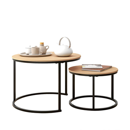 HOJINLINERO Black Round Coffee Table Set of 2 Side Table for Living Room,69.5x49cm Industrial Stacking End Tables,Wood Look Accent Furniture with