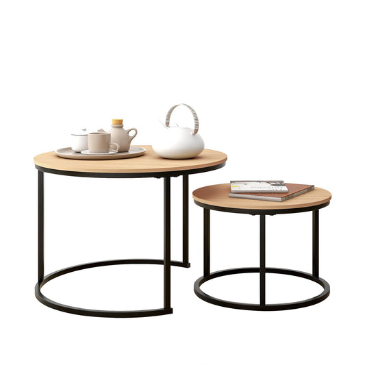 HOJINLINERO Black Round Coffee Table Set of 2 Side Table for Living Room,69.5x49cm Industrial Stacking End Tables,Wood Look Accent Furniture with