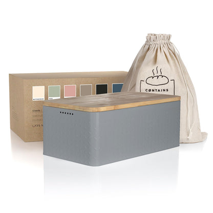 LARS NYSM Bread Bin I Metal bread box with linen bread bag for long lasting freshness I Bread bin with bamboo lid usable as cutting board I