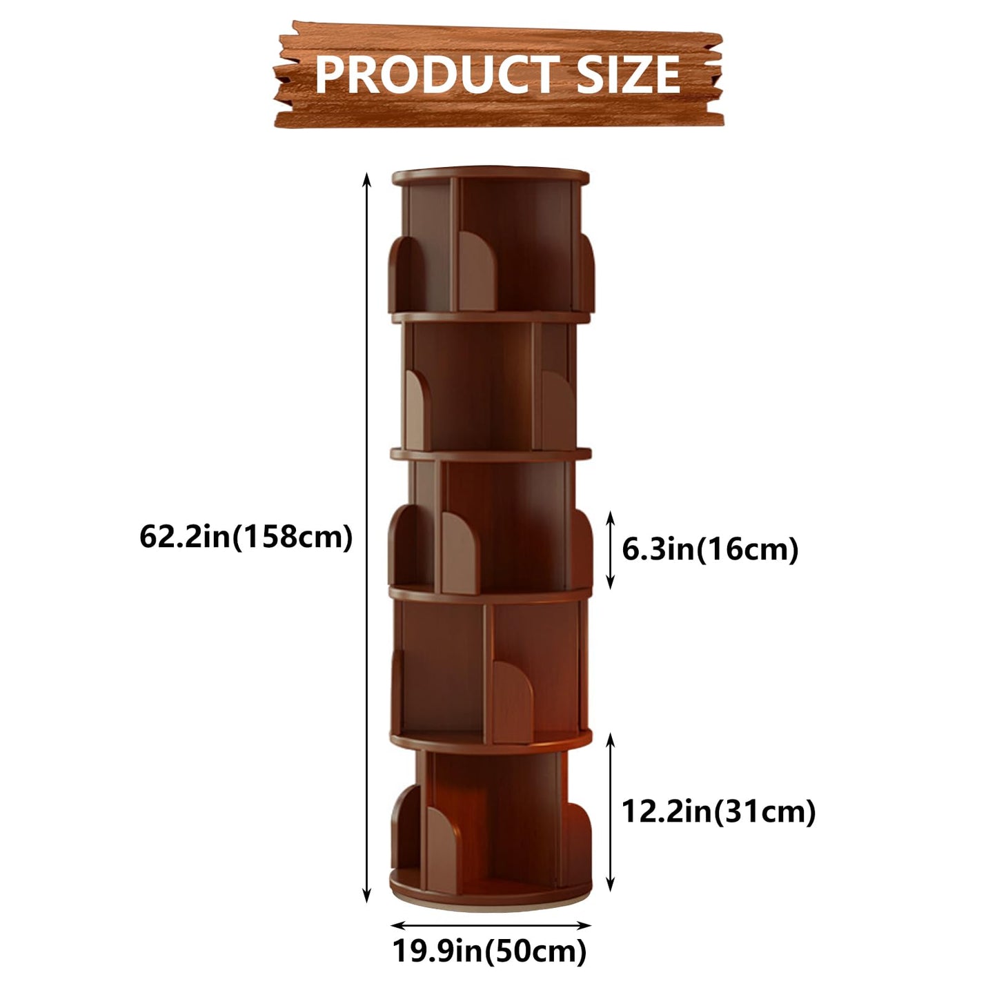 KZOBYD Rotating Bookshelf, Revolving Book Shelf (Brown, H 158 cm)