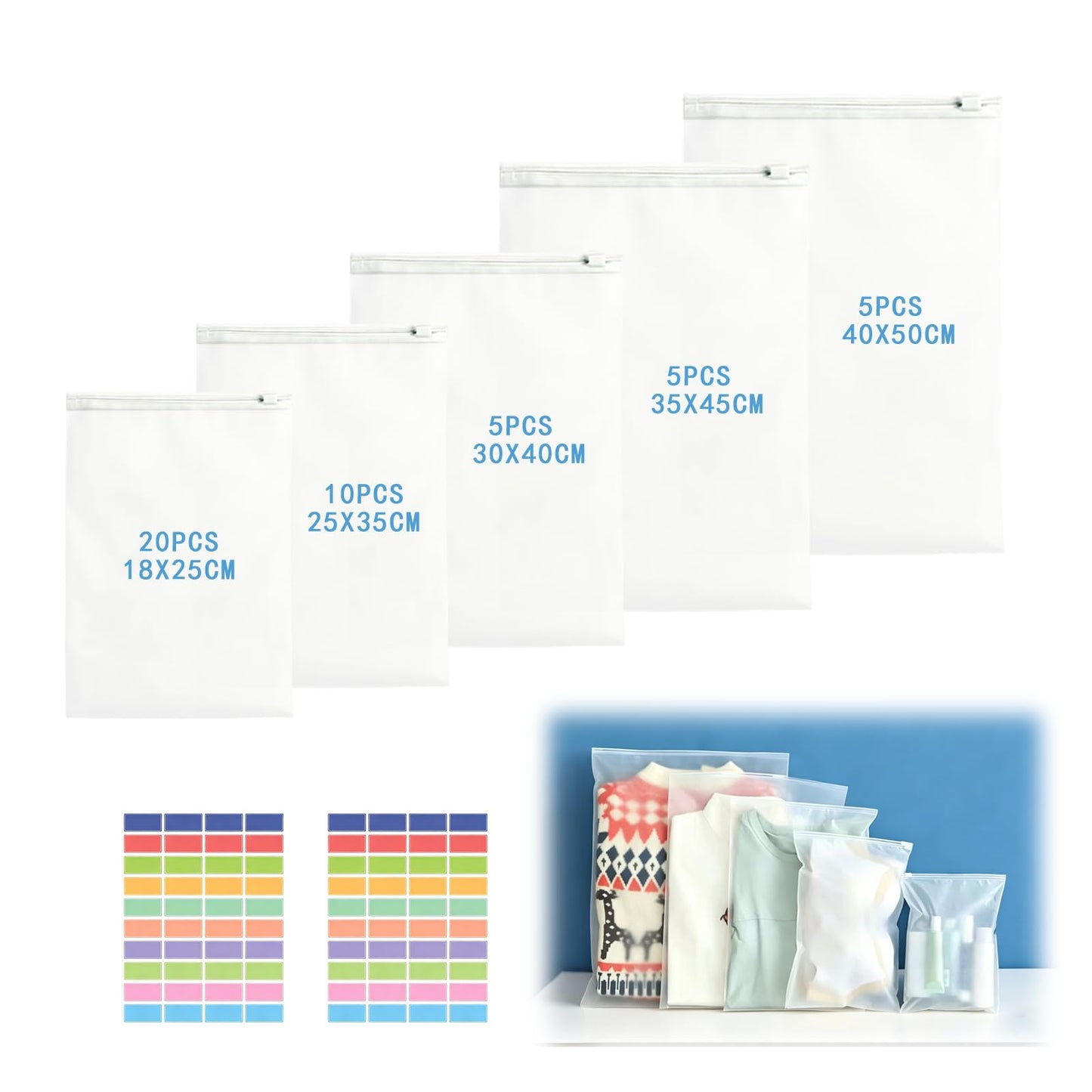 Hexizexi 45 Pcs 5 Sizes Ziplock Bags for Clothes Frosted Waterproof