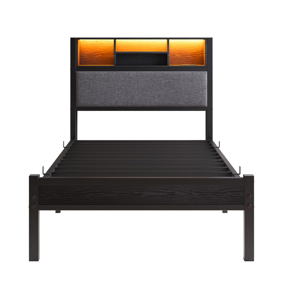 MUZERUL 3ft Single Bed Frame with Storage Shelf Upholstered Headboard, Heavy Duty Platform Bed Frame, Metal Bed with Charging Station and LED Lights