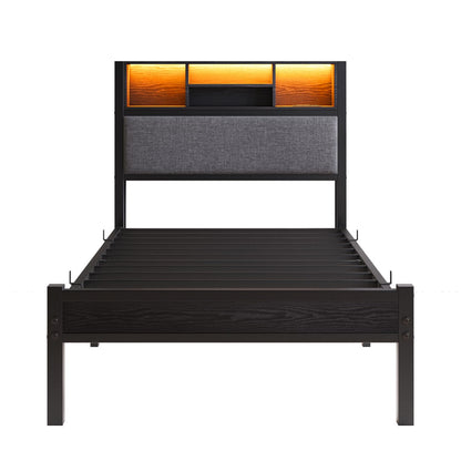 MUZERUL 3ft Single Bed Frame with Storage Shelf Upholstered Headboard, Heavy Duty Platform Bed Frame, Metal Bed with Charging Station and LED Lights