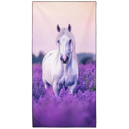 Violetpos Lavender Field White Horse Beach Towel, Extra Large 180x90 cm 250GSM Microfibre, Sand Free Quick Dry