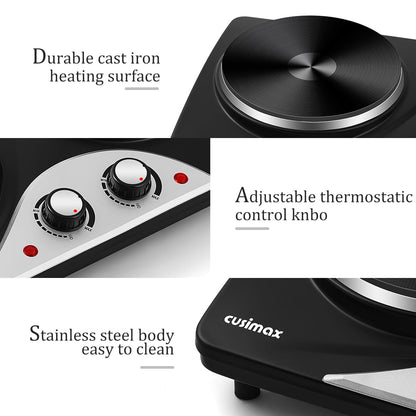 CUSIMAX Electric Hobs, 2500W Electric Hot Plates for Cooking Portable Hob, Cooktop Table Top Hob with 2 Cast Iron Double Hot Plate Electric Burner