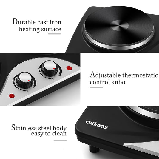 CUSIMAX Electric Hobs, 2500W Electric Hot Plates for Cooking Portable Hob, Cooktop Table Top Hob with 2 Cast Iron Double Hot Plate Electric Burner