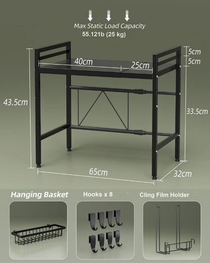 NETEL Expandable Microwave Shelf, 2-tier Microwave Oven Rack with Spice Basket, Kitchen Roll Holder & 4 Hooks, Countertop Organiser