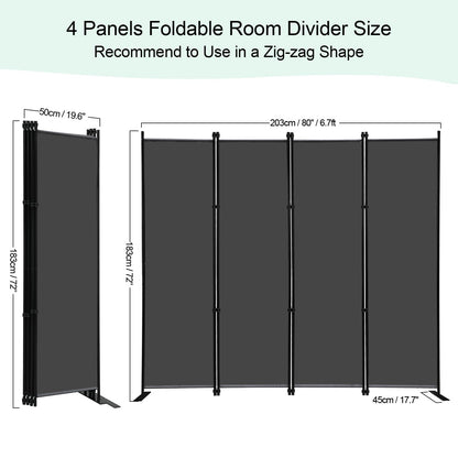 KEORTUN 4-Panel Room Dividers and Folding Privacy Screens 203W x183H cm Office Partition Freestanding Divider for Home Office, Grey