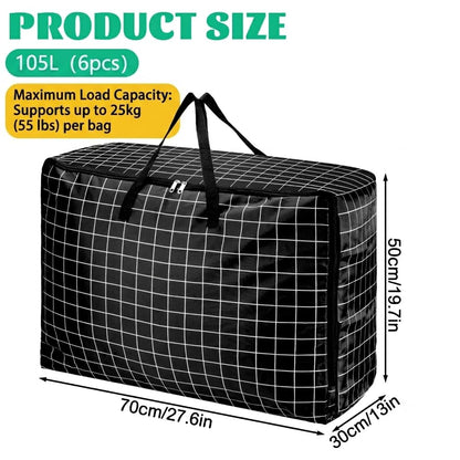 6 Pcs 105L Large Moving Bags Oxford Fabric Storage Bags with Zips, Black