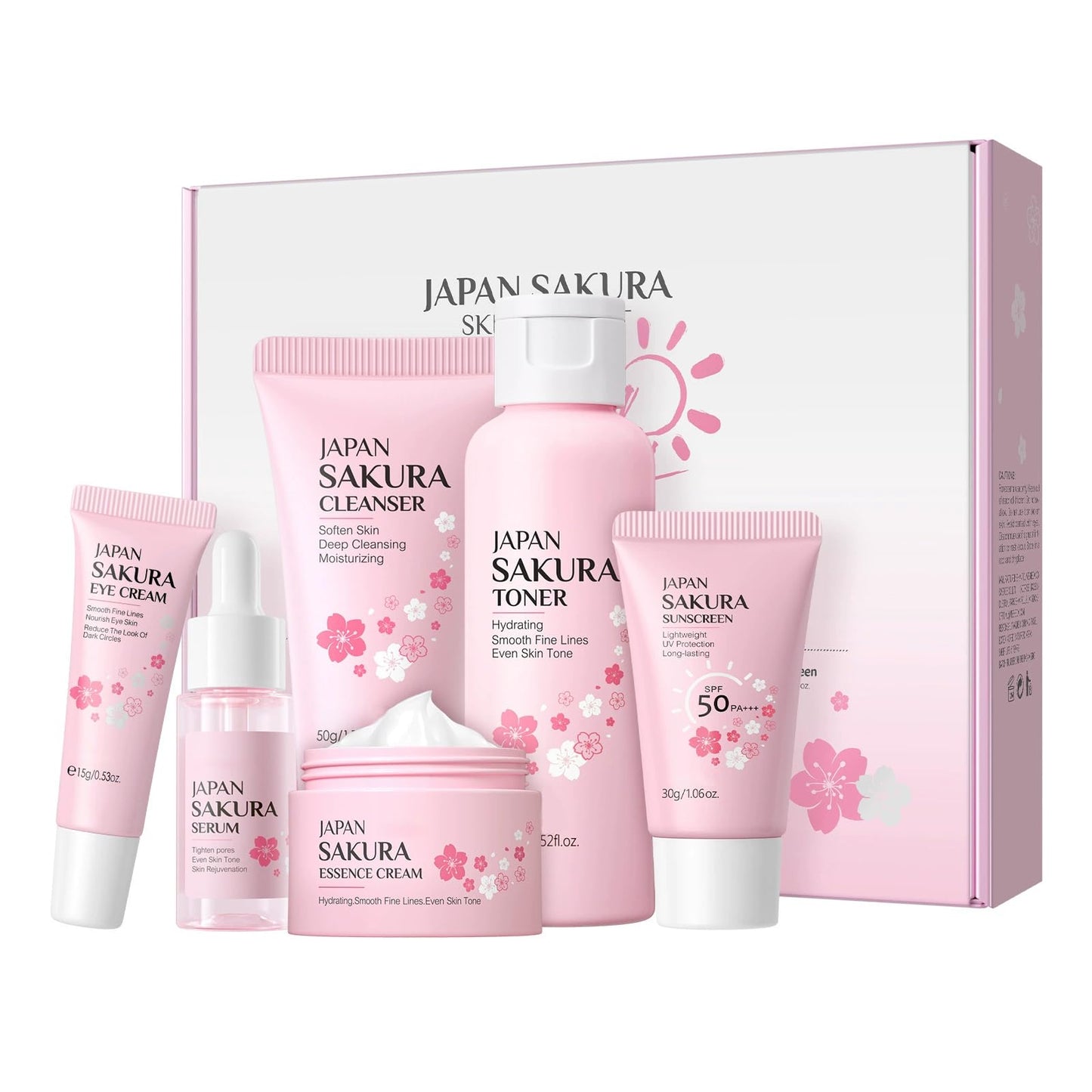 Sakura Skin Care Sets Birthday Gifts for Women,Travel SkinCare Set Gifts for Teenage Girls-Cleanser,Toner, Serum, Eye Cream, Essence Cream,Sunscreen,
