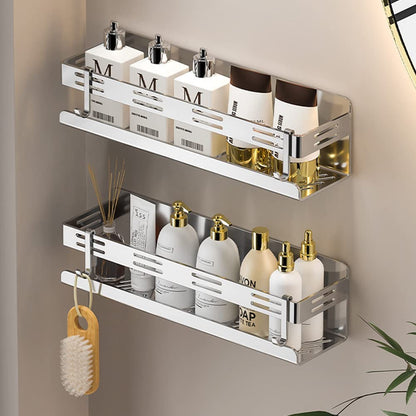 Celbon 30CM Chrome Shower Caddy No Drilling Self Adhesive Stainless Steel Bathroom Shelf Organiser with 2 Hooks Shower Shelf Kitchen Organiser