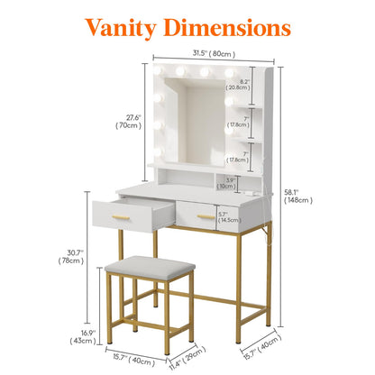 Lifewit Vanity with Mirror and Lights, Adjustable Color/Brightness, White Makeup Desk with 2 Drawers and Stool for Bedroom, Bathroom, Makeup Room