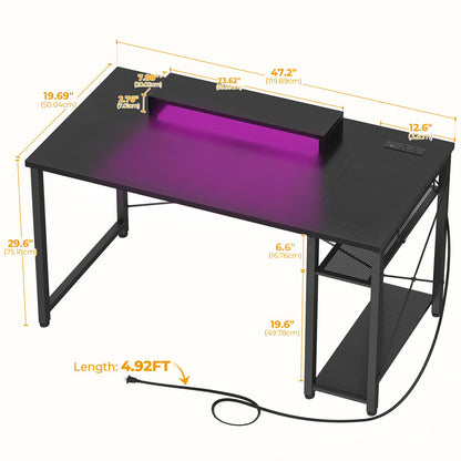 iSunirm 47 inch Gaming Desk with Power Outlets & LED Lights, Black Computer Desk with Ergonomic Monitor Stand