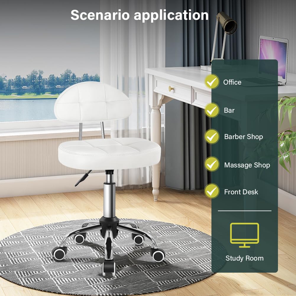 BFTOU Square Swivel Stool on Wheels Perfect for Work SPA Shop Massage Height-Adjustable and Cost-Effective Rolling Stool Chair with Back White (WHITE)