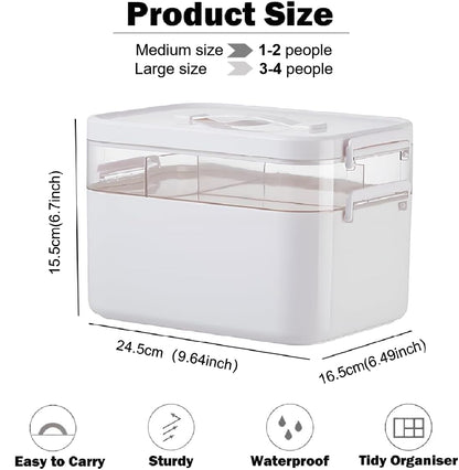 Medicine Storage Box,Lockable Plastic Medicine Box Medication Case,2-Layer Multi Grid First Aid Boxes,Portable Storage Organiser Large Medical