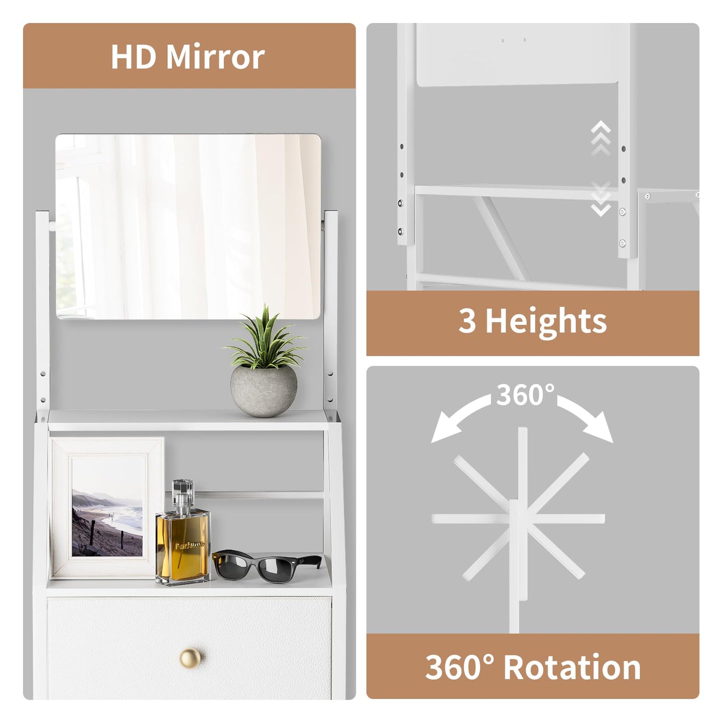 OYRREU Chest of Drawers with Adjustable Mirror, 2-in-1 Dresser, White