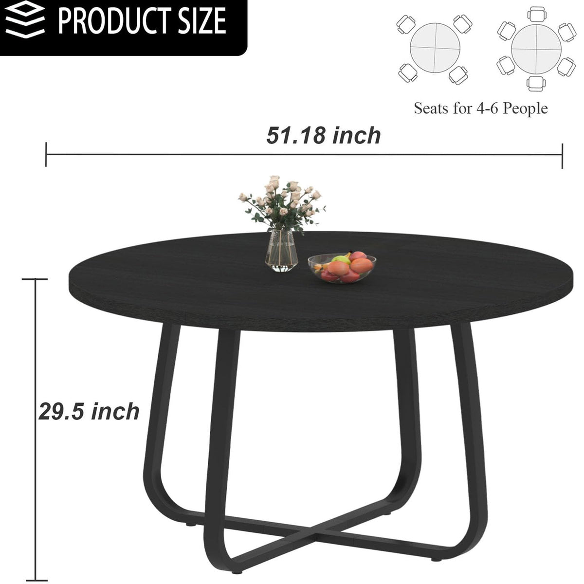 LVB Dining Room Table Modern Round Kitchen Dinner Table 130cm Black Oak